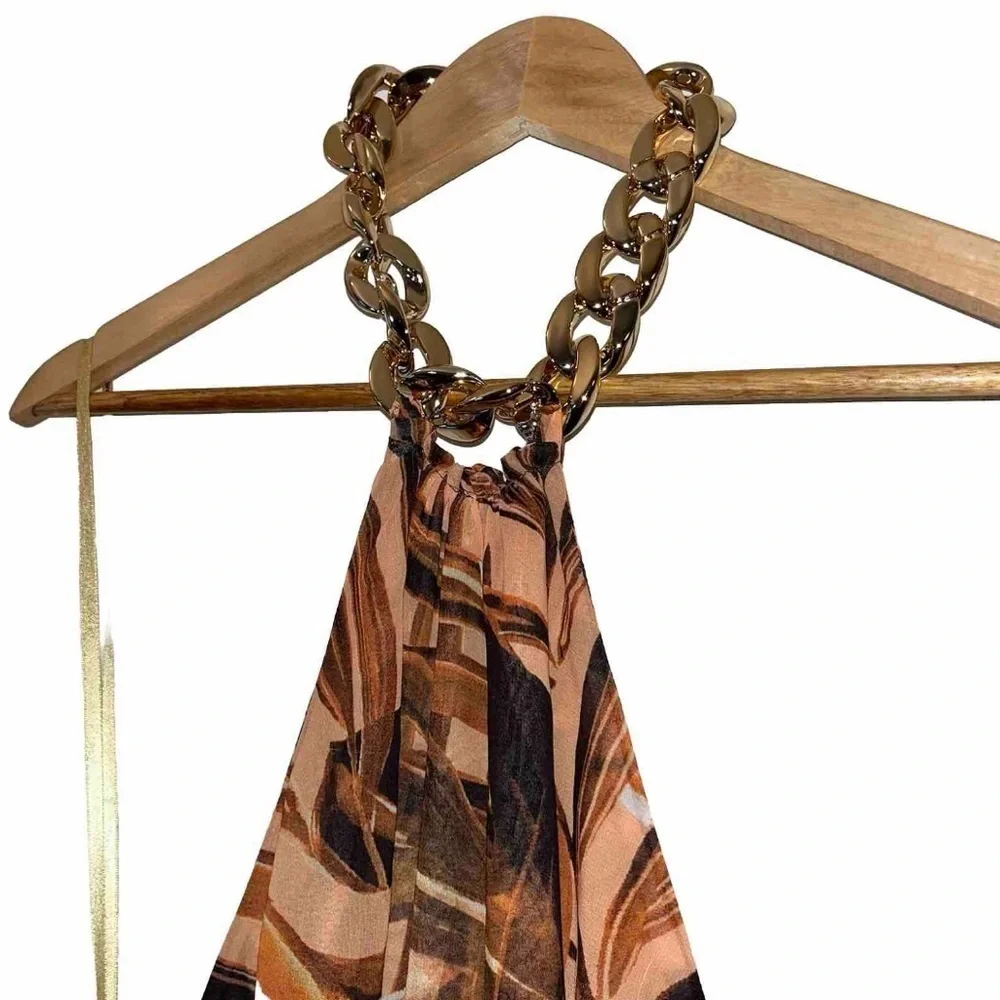 Bronx & Banco Kenya Silk Halter Maxi Dress Brown Animal Print Medium NWT - Picture 6 of 15